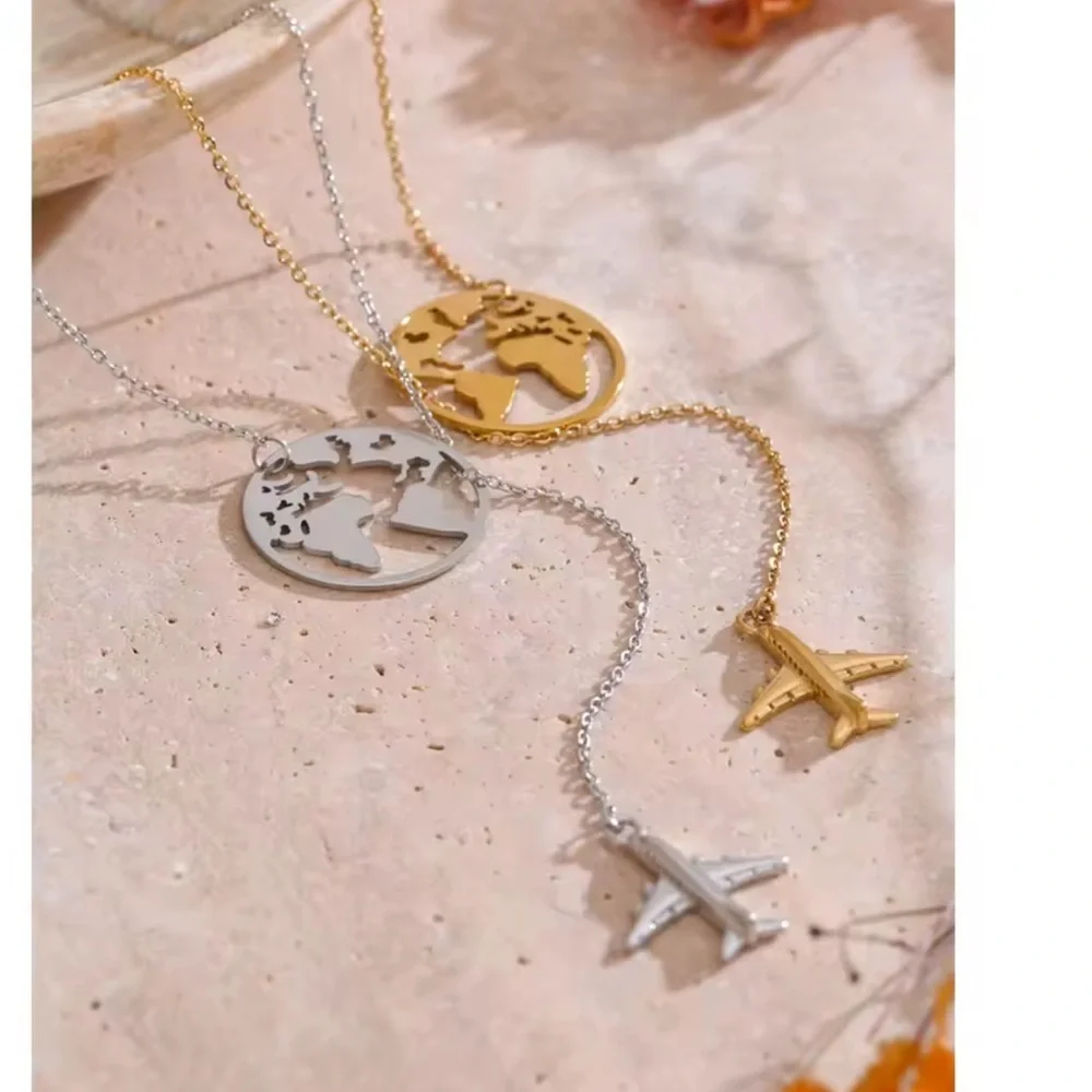 Traveller Airplane Gold World Map Necklace